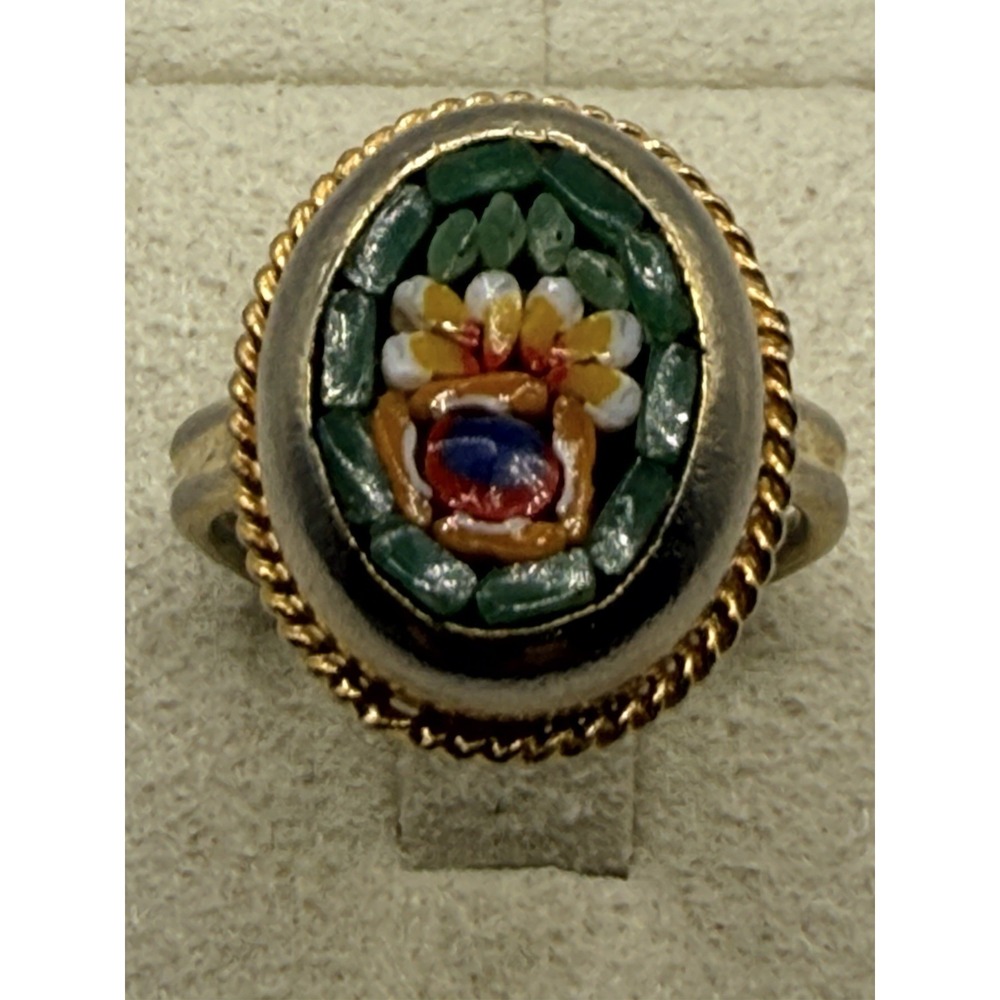 Vintage Italian Micro Mosaic Floral Ring Gold Tone Adjustable Style